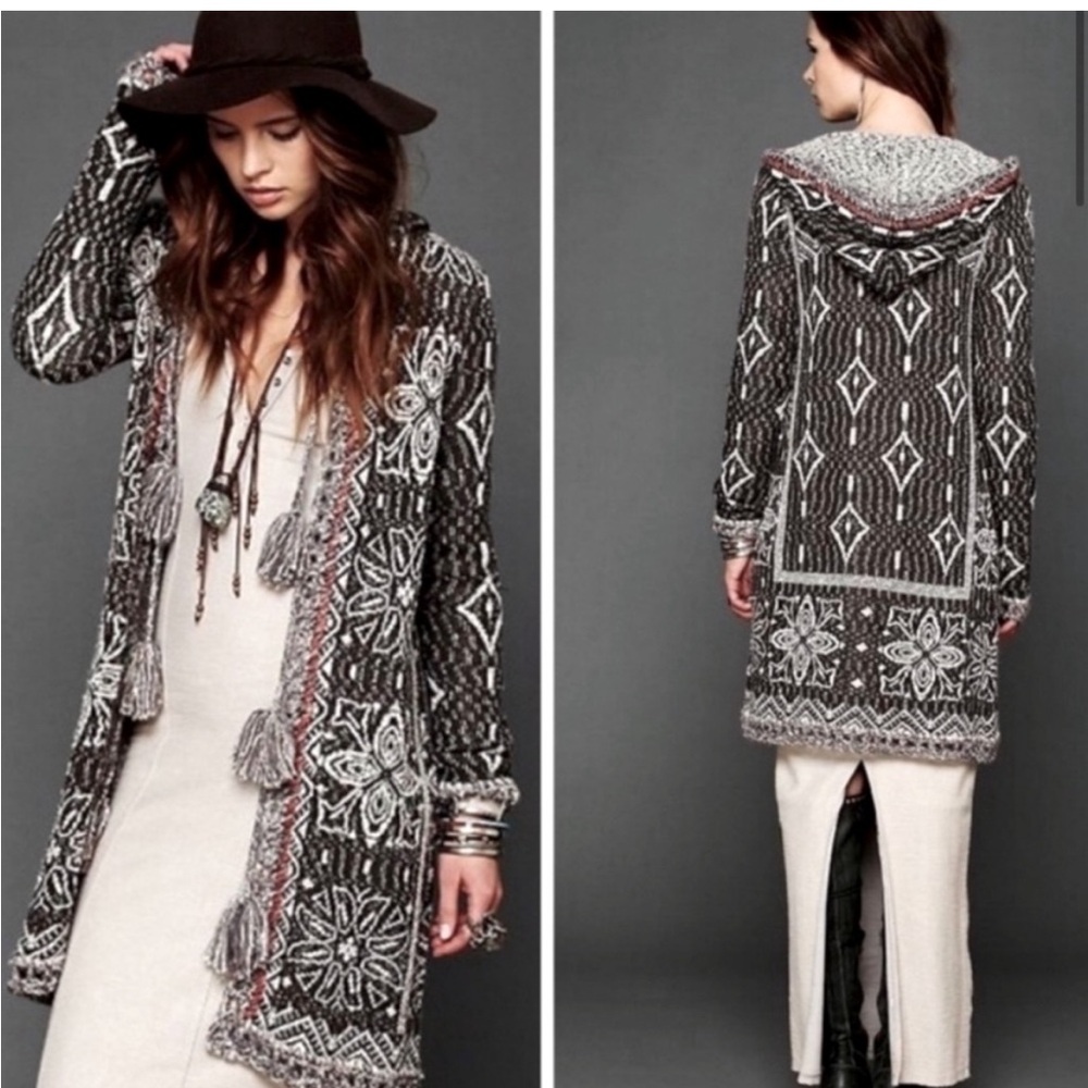LAST CALL: FREE PEOPLE Sz XS Kai Pom Pom hooded long cardigan tassel soft cozy